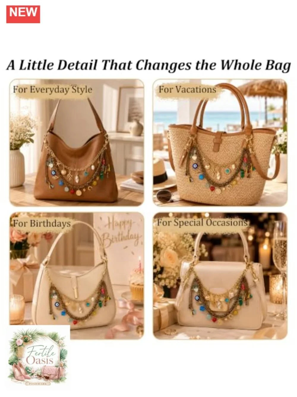 3 Pc Boho Beaded Bag Charm Set with Shell Charms and Gold Chain